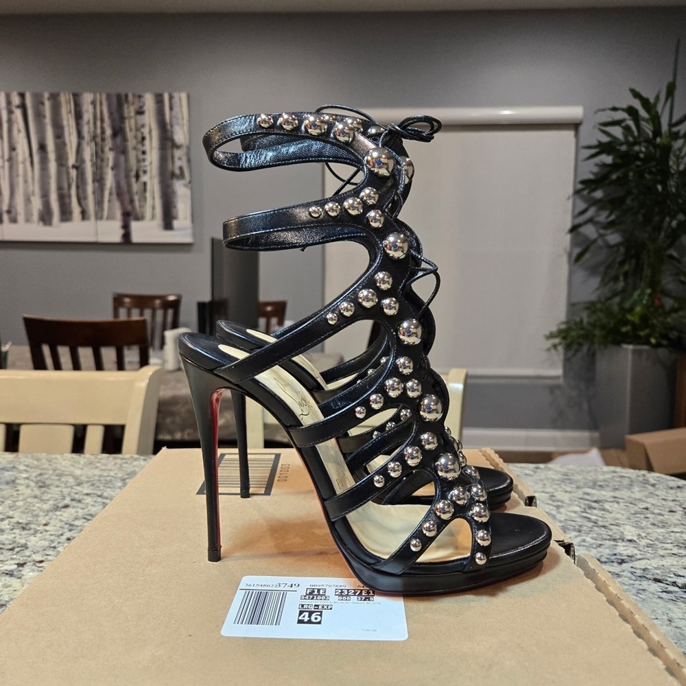 NEW Christian Louboutin Amazoubille Ghille Cage Black Studded Heels Size 7.5 - Picture 5 of 13
